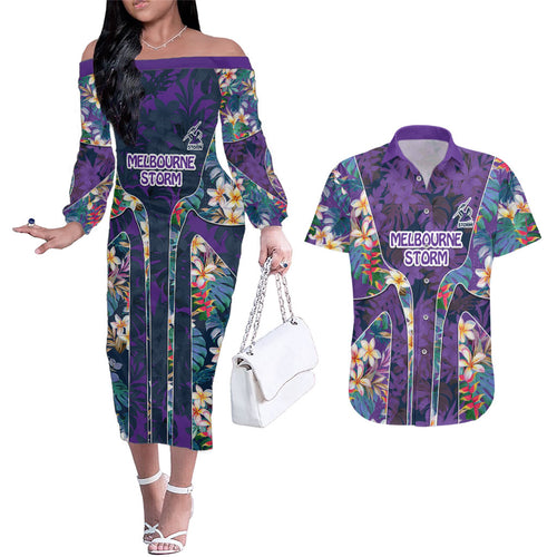 Melbourne Storm Couples Matching Off The Shoulder Long Sleeve Dress and Hawaiian Shirt Tropical Hibiscus Floral Pattern With Purple And Blue Accents