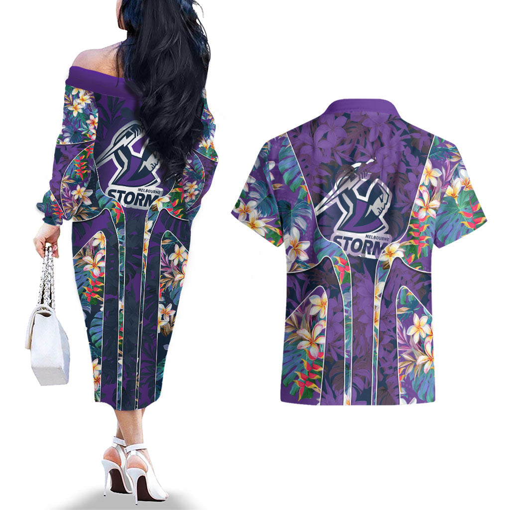Melbourne Storm Couples Matching Off The Shoulder Long Sleeve Dress and Hawaiian Shirt Tropical Hibiscus Floral Pattern With Purple And Blue Accents