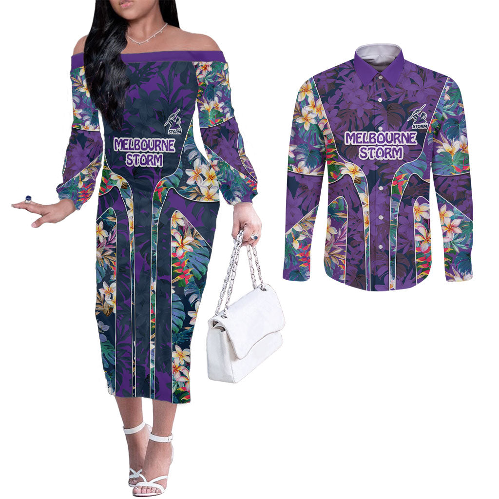 Melbourne Storm Couples Matching Off The Shoulder Long Sleeve Dress and Long Sleeve Button Shirt Tropical Hibiscus Floral Pattern With Purple And Blue Accents