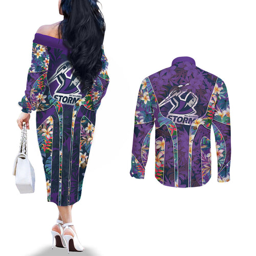 Melbourne Storm Couples Matching Off The Shoulder Long Sleeve Dress and Long Sleeve Button Shirt Tropical Hibiscus Floral Pattern With Purple And Blue Accents