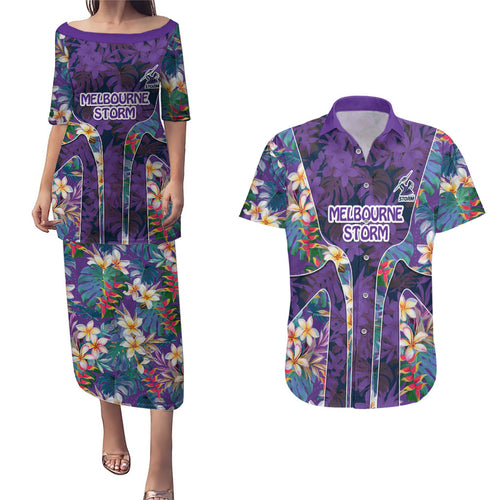 Melbourne Storm Couples Matching Puletasi and Hawaiian Shirt Tropical Hibiscus Floral Pattern With Purple And Blue Accents