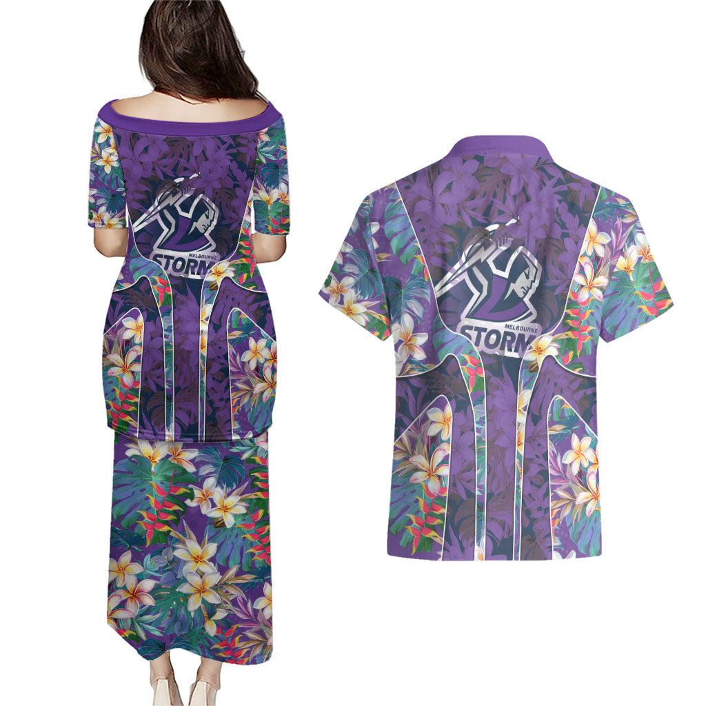 Melbourne Storm Couples Matching Puletasi and Hawaiian Shirt Tropical Hibiscus Floral Pattern With Purple And Blue Accents