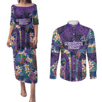 Melbourne Storm Couples Matching Puletasi and Long Sleeve Button Shirt Tropical Hibiscus Floral Pattern With Purple And Blue Accents
