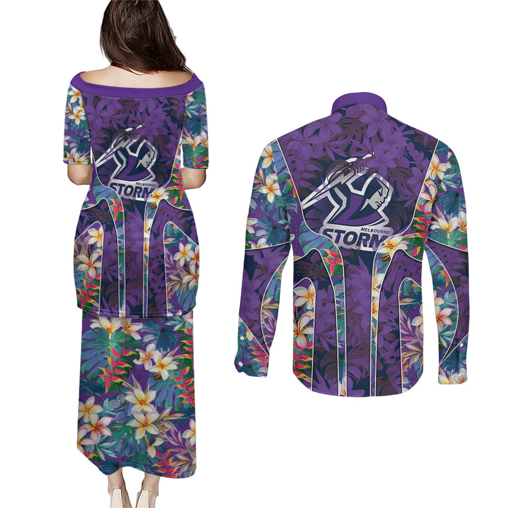 Melbourne Storm Couples Matching Puletasi and Long Sleeve Button Shirt Tropical Hibiscus Floral Pattern With Purple And Blue Accents