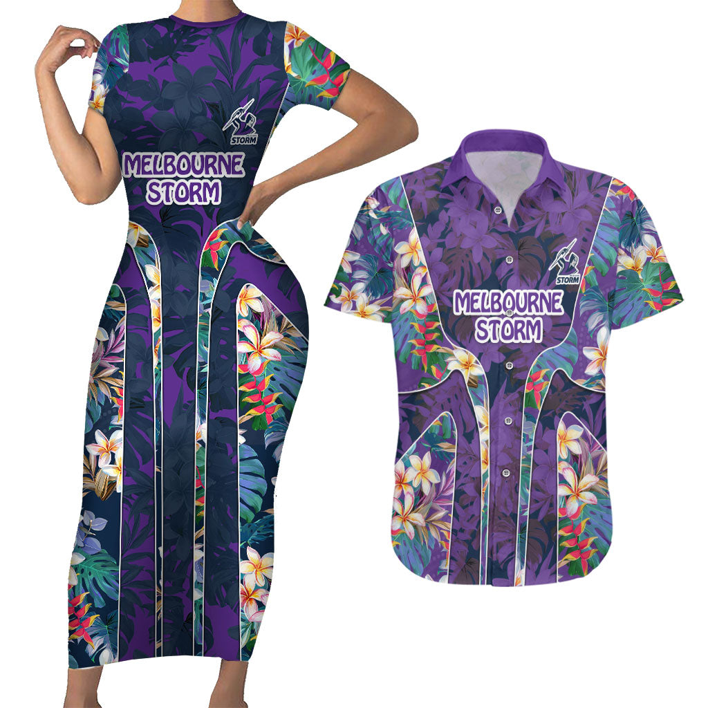 Melbourne Storm Couples Matching Short Sleeve Bodycon Dress and Hawaiian Shirt Tropical Hibiscus Floral Pattern With Purple And Blue Accents