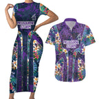 Melbourne Storm Couples Matching Short Sleeve Bodycon Dress and Hawaiian Shirt Tropical Hibiscus Floral Pattern With Purple And Blue Accents