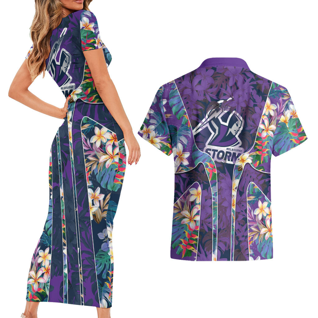 Melbourne Storm Couples Matching Short Sleeve Bodycon Dress and Hawaiian Shirt Tropical Hibiscus Floral Pattern With Purple And Blue Accents
