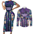 Melbourne Storm Couples Matching Short Sleeve Bodycon Dress and Long Sleeve Button Shirt Tropical Hibiscus Floral Pattern With Purple And Blue Accents