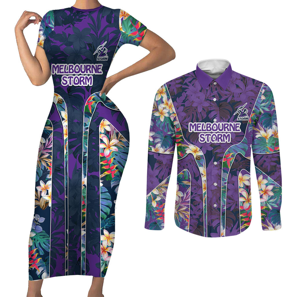 Melbourne Storm Couples Matching Short Sleeve Bodycon Dress and Long Sleeve Button Shirt Tropical Hibiscus Floral Pattern With Purple And Blue Accents