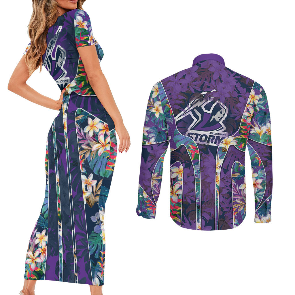 Melbourne Storm Couples Matching Short Sleeve Bodycon Dress and Long Sleeve Button Shirt Tropical Hibiscus Floral Pattern With Purple And Blue Accents