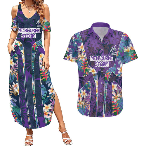 Melbourne Storm Couples Matching Summer Maxi Dress and Hawaiian Shirt Tropical Hibiscus Floral Pattern With Purple And Blue Accents