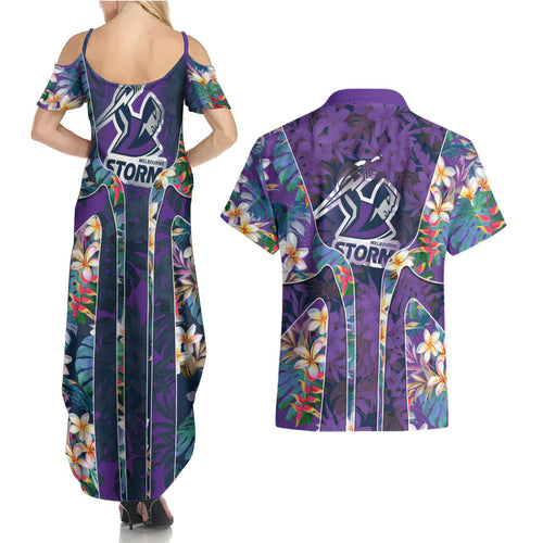 Melbourne Storm Couples Matching Summer Maxi Dress and Hawaiian Shirt Tropical Hibiscus Floral Pattern With Purple And Blue Accents