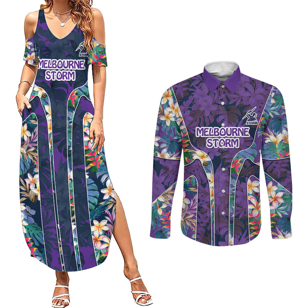 Melbourne Storm Couples Matching Summer Maxi Dress and Long Sleeve Button Shirt Tropical Hibiscus Floral Pattern With Purple And Blue Accents
