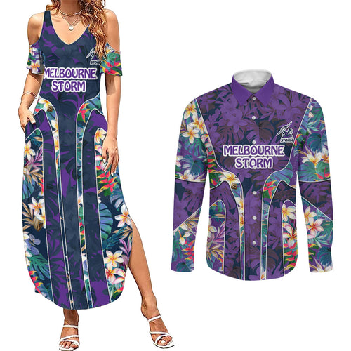 Melbourne Storm Couples Matching Summer Maxi Dress and Long Sleeve Button Shirt Tropical Hibiscus Floral Pattern With Purple And Blue Accents