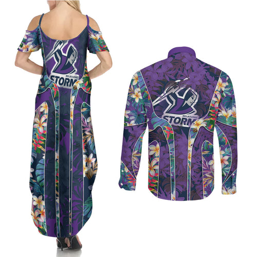 Melbourne Storm Couples Matching Summer Maxi Dress and Long Sleeve Button Shirt Tropical Hibiscus Floral Pattern With Purple And Blue Accents