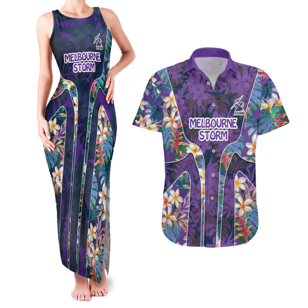 Melbourne Storm Couples Matching Tank Maxi Dress and Hawaiian Shirt Tropical Hibiscus Floral Pattern With Purple And Blue Accents
