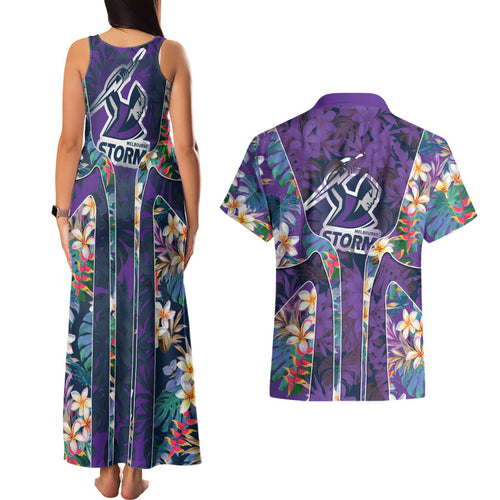 Melbourne Storm Couples Matching Tank Maxi Dress and Hawaiian Shirt Tropical Hibiscus Floral Pattern With Purple And Blue Accents