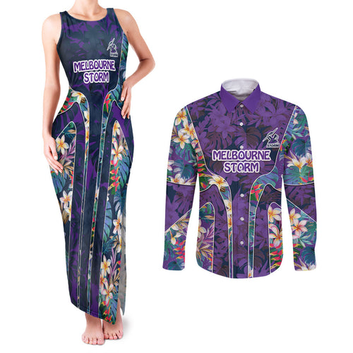Melbourne Storm Couples Matching Tank Maxi Dress and Long Sleeve Button Shirt Tropical Hibiscus Floral Pattern With Purple And Blue Accents