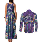 Melbourne Storm Couples Matching Tank Maxi Dress and Long Sleeve Button Shirt Tropical Hibiscus Floral Pattern With Purple And Blue Accents