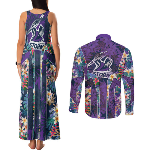 Melbourne Storm Couples Matching Tank Maxi Dress and Long Sleeve Button Shirt Tropical Hibiscus Floral Pattern With Purple And Blue Accents