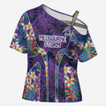 Melbourne Storm Cross Shoulder Shirt Tropical Hibiscus Floral Pattern With Purple And Blue Accents
