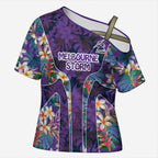 Melbourne Storm Cross Shoulder Shirt Tropical Hibiscus Floral Pattern With Purple And Blue Accents