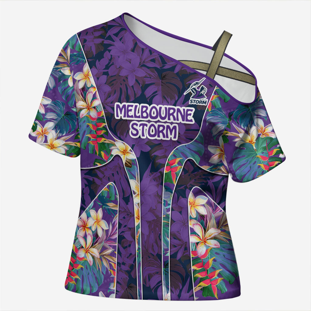 Melbourne Storm Cross Shoulder Shirt Tropical Hibiscus Floral Pattern With Purple And Blue Accents
