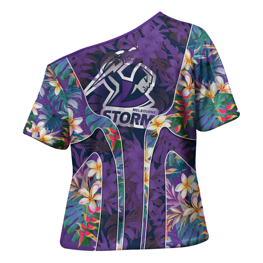Melbourne Storm Cross Shoulder Shirt Tropical Hibiscus Floral Pattern With Purple And Blue Accents