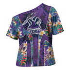 Melbourne Storm Cross Shoulder Shirt Tropical Hibiscus Floral Pattern With Purple And Blue Accents