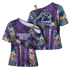 Melbourne Storm Cross Shoulder Shirt Tropical Hibiscus Floral Pattern With Purple And Blue Accents