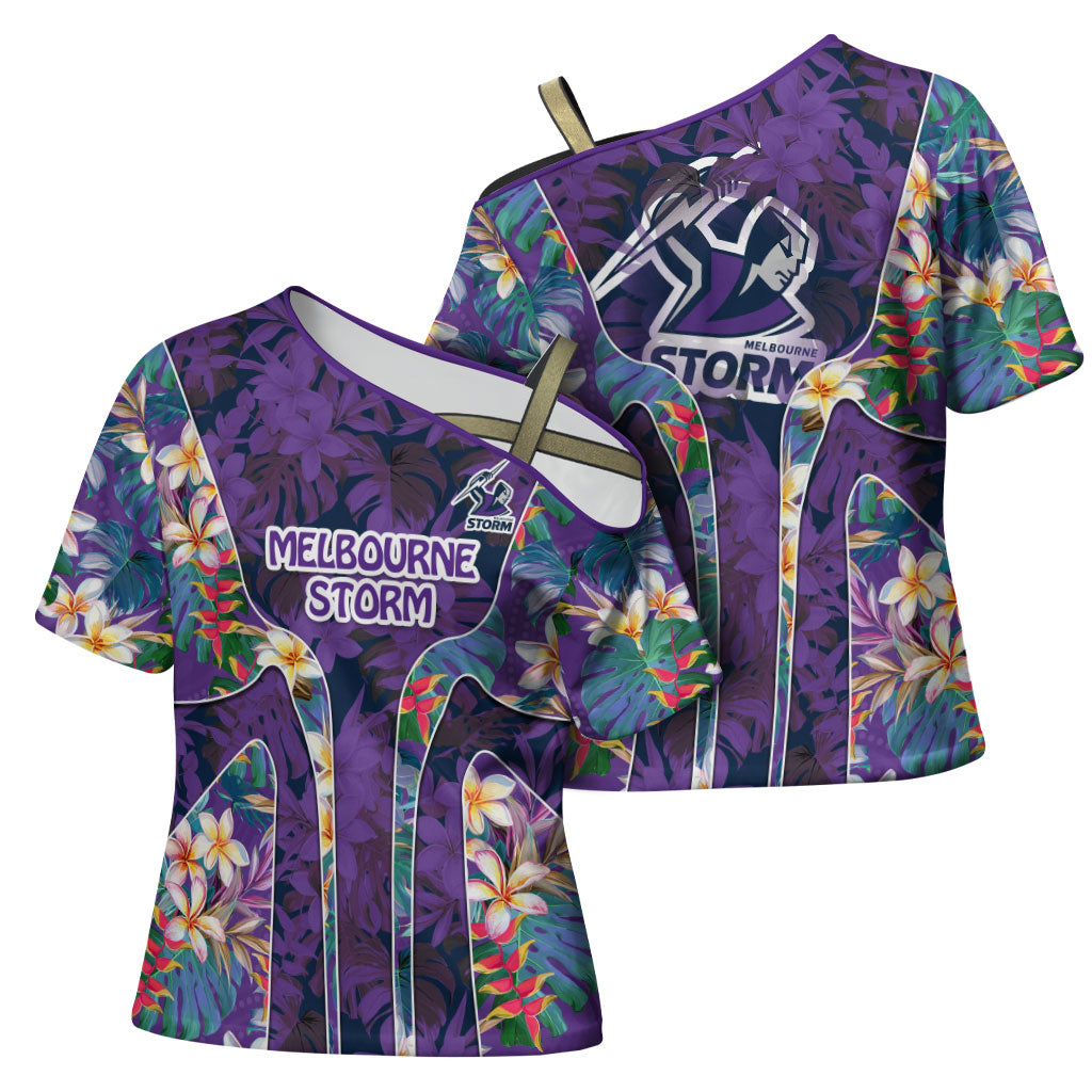 Melbourne Storm Cross Shoulder Shirt Tropical Hibiscus Floral Pattern With Purple And Blue Accents