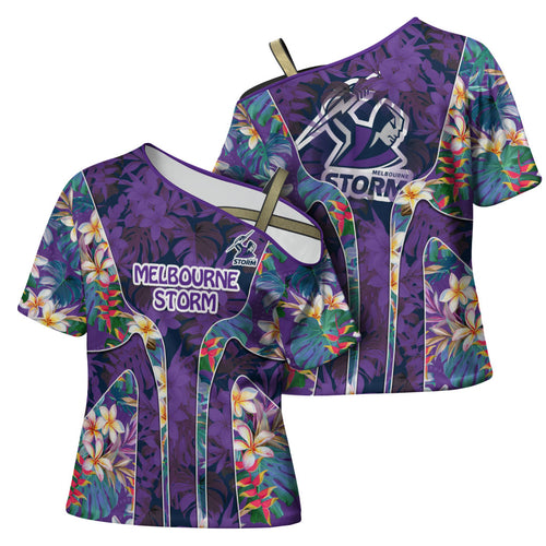 Melbourne Storm Cross Shoulder Shirt Tropical Hibiscus Floral Pattern With Purple And Blue Accents
