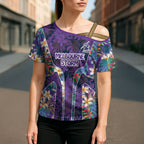 Melbourne Storm Cross Shoulder Shirt Tropical Hibiscus Floral Pattern With Purple And Blue Accents