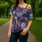 Melbourne Storm Cross Shoulder Shirt Tropical Hibiscus Floral Pattern With Purple And Blue Accents