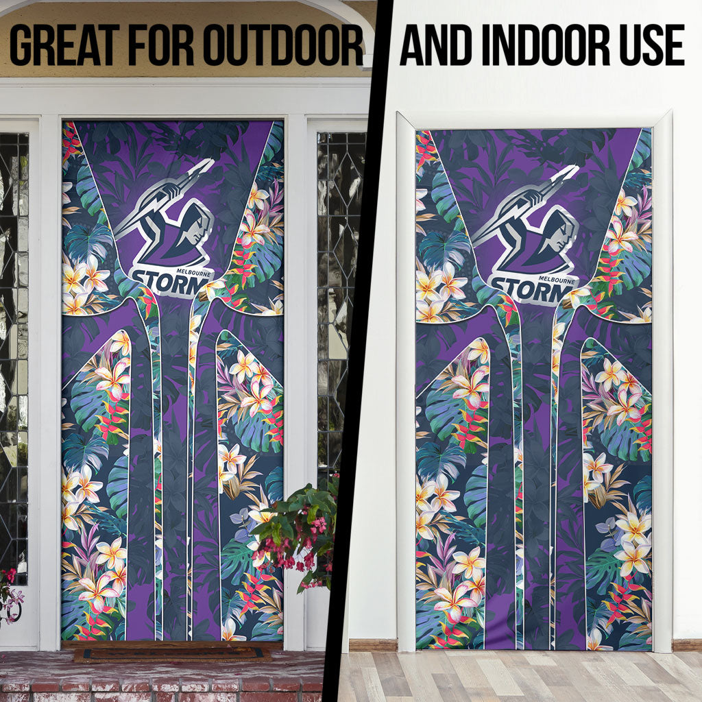 Melbourne Storm Door Cover Tropical Hibiscus Floral Pattern With Purple And Blue Accents