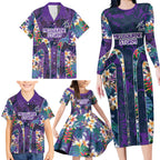 Melbourne Storm Family Matching Long Sleeve Bodycon Dress and Hawaiian Shirt Tropical Hibiscus Floral Pattern With Purple And Blue Accents