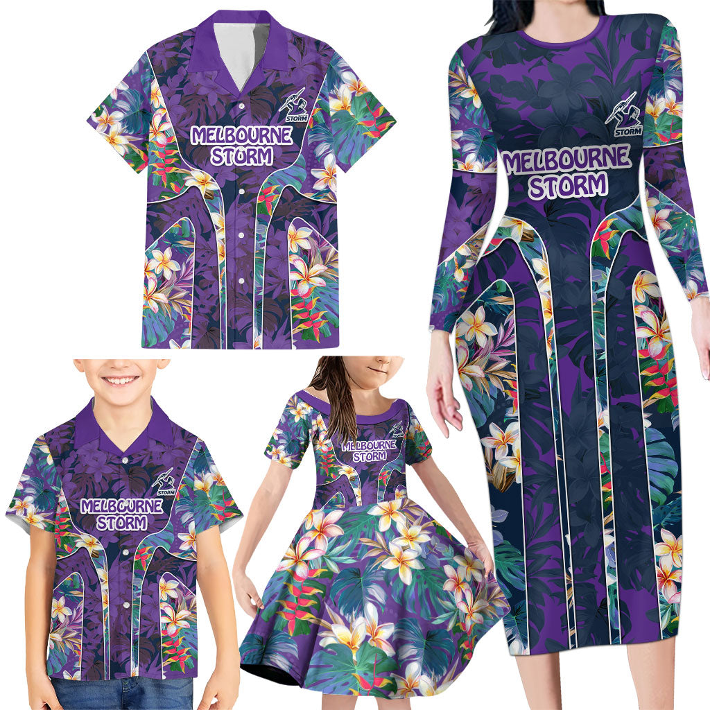 Melbourne Storm Family Matching Long Sleeve Bodycon Dress and Hawaiian Shirt Tropical Hibiscus Floral Pattern With Purple And Blue Accents