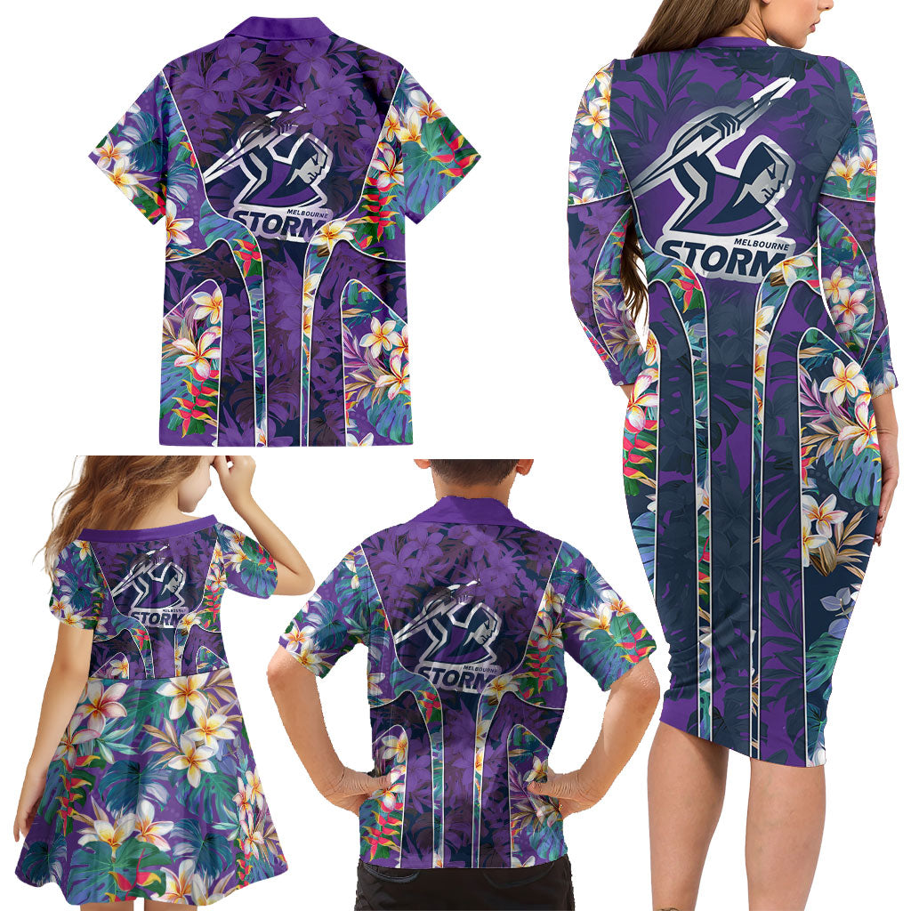 Melbourne Storm Family Matching Long Sleeve Bodycon Dress and Hawaiian Shirt Tropical Hibiscus Floral Pattern With Purple And Blue Accents