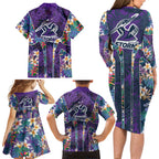 Melbourne Storm Family Matching Long Sleeve Bodycon Dress and Hawaiian Shirt Tropical Hibiscus Floral Pattern With Purple And Blue Accents
