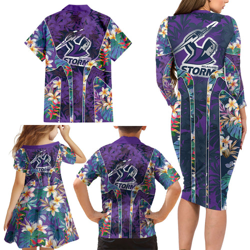 Melbourne Storm Family Matching Long Sleeve Bodycon Dress and Hawaiian Shirt Tropical Hibiscus Floral Pattern With Purple And Blue Accents