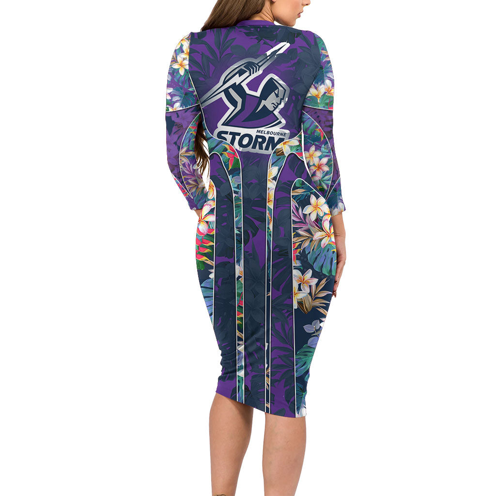 Melbourne Storm Family Matching Long Sleeve Bodycon Dress and Hawaiian Shirt Tropical Hibiscus Floral Pattern With Purple And Blue Accents