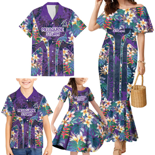 Melbourne Storm Family Matching Mermaid Dress and Hawaiian Shirt Tropical Hibiscus Floral Pattern With Purple And Blue Accents