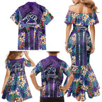Melbourne Storm Family Matching Mermaid Dress and Hawaiian Shirt Tropical Hibiscus Floral Pattern With Purple And Blue Accents