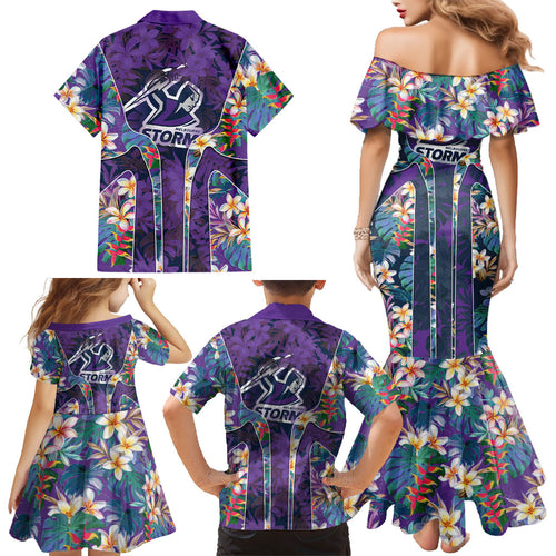 Melbourne Storm Family Matching Mermaid Dress and Hawaiian Shirt Tropical Hibiscus Floral Pattern With Purple And Blue Accents