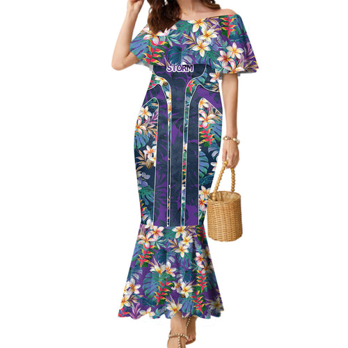 Melbourne Storm Family Matching Mermaid Dress and Hawaiian Shirt Tropical Hibiscus Floral Pattern With Purple And Blue Accents