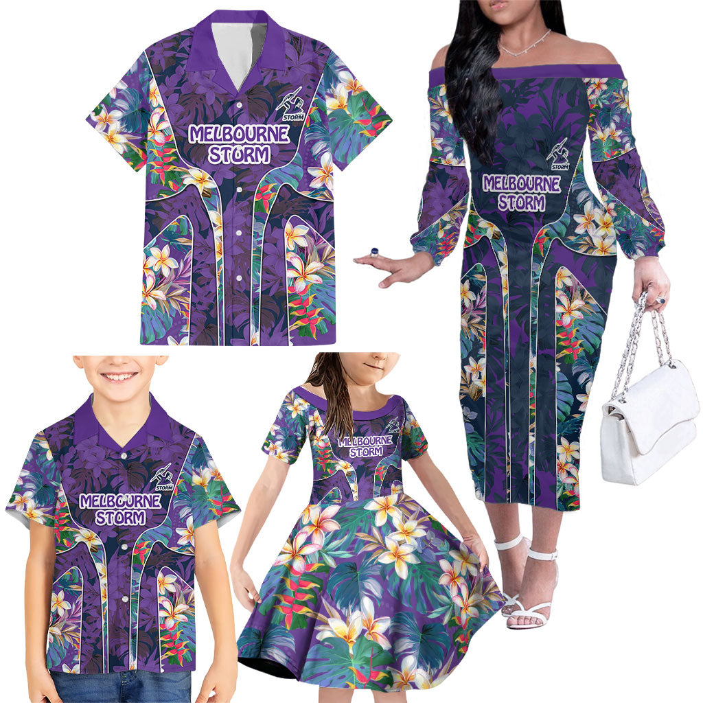 Melbourne Storm Family Matching Off The Shoulder Long Sleeve Dress and Hawaiian Shirt Tropical Hibiscus Floral Pattern With Purple And Blue Accents