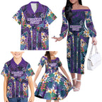 Melbourne Storm Family Matching Off The Shoulder Long Sleeve Dress and Hawaiian Shirt Tropical Hibiscus Floral Pattern With Purple And Blue Accents