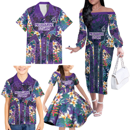 Melbourne Storm Family Matching Off The Shoulder Long Sleeve Dress and Hawaiian Shirt Tropical Hibiscus Floral Pattern With Purple And Blue Accents