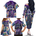 Melbourne Storm Family Matching Off The Shoulder Long Sleeve Dress and Hawaiian Shirt Tropical Hibiscus Floral Pattern With Purple And Blue Accents