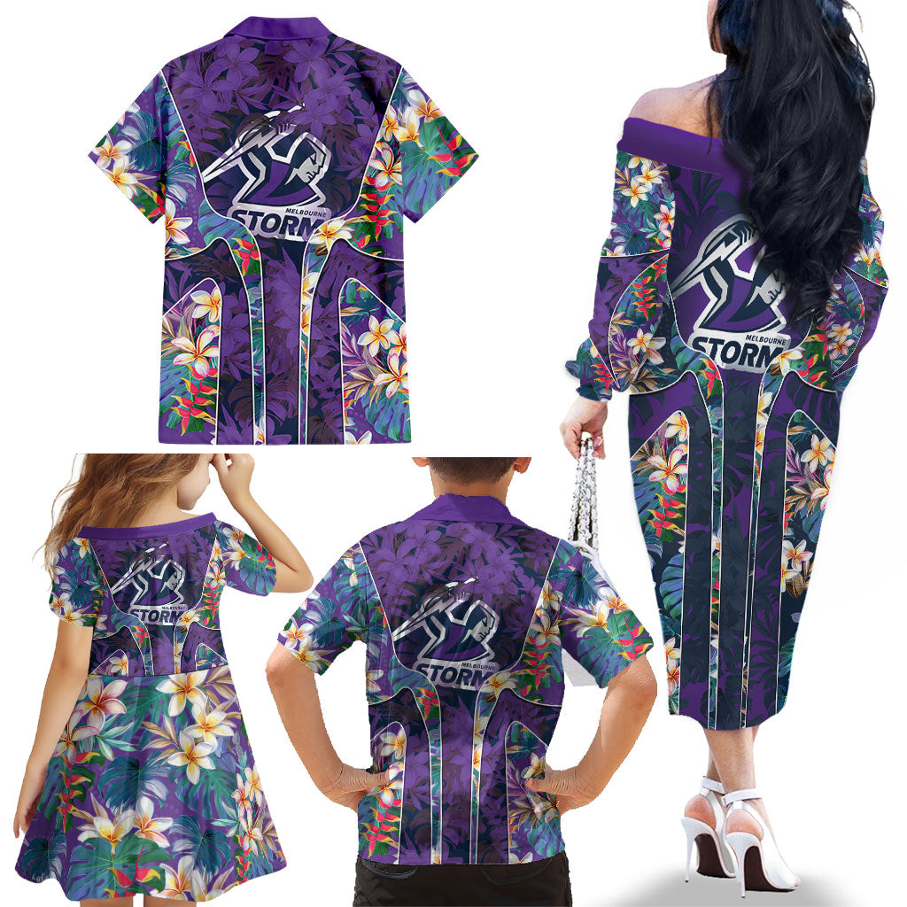 Melbourne Storm Family Matching Off The Shoulder Long Sleeve Dress and Hawaiian Shirt Tropical Hibiscus Floral Pattern With Purple And Blue Accents